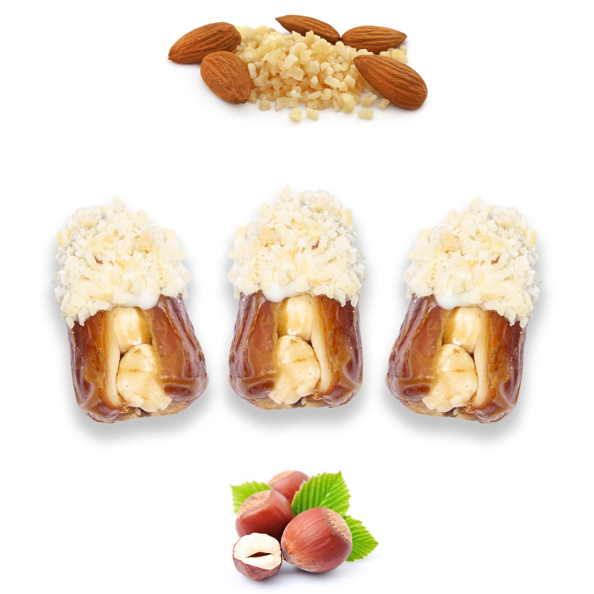 Luxury Sagi Dates Stuffed with Nuts & Half-Dipped in Almond Chocolate