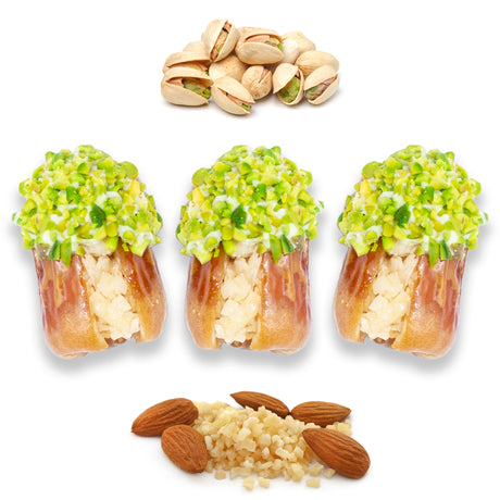 Luxury Sagi Dates Stuffed with Nuts & Half-Dipped in Pistachio Chocolate