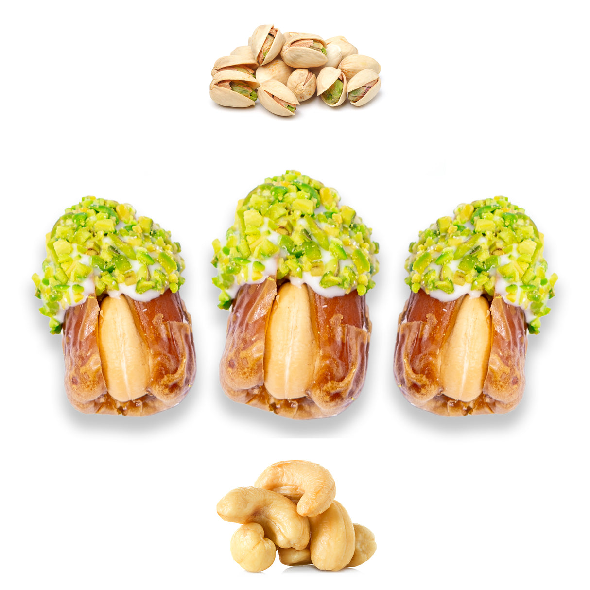 Luxury Sagi Dates Stuffed with Nuts & Half-Dipped in Pistachio Chocolate