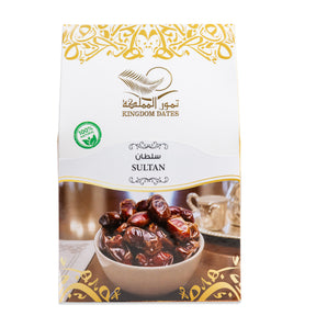 Dried Sultan Dates from Kingdom Dates UAE, showcasing glossy, plump dates with rich brown color on a white background.