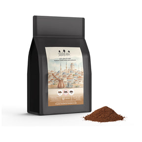 Medium-ground Turkish Arabic coffee with cardamom in a container, premium Kingdom Dates brand, ideal for traditional brewing.
