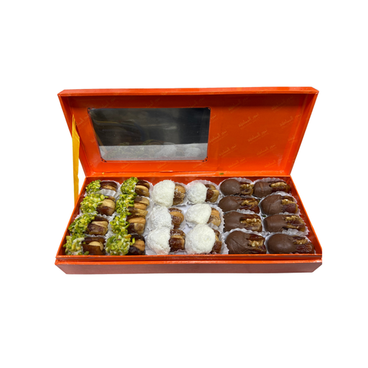 Orange Gift Box Filled With Half Coated Chocolate Dates 350 gm