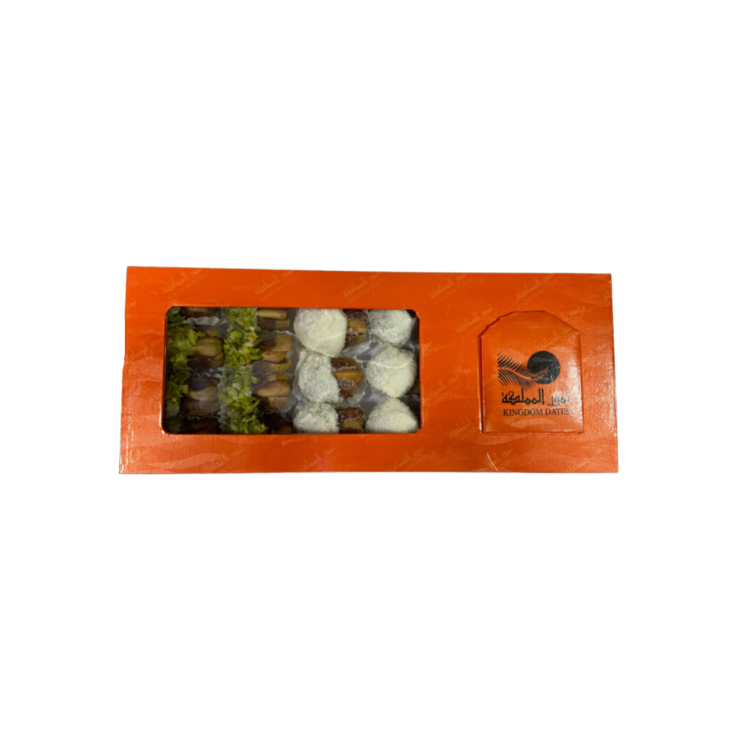 Orange Gift Box Filled With Half Coated Chocolate Dates 350 gm