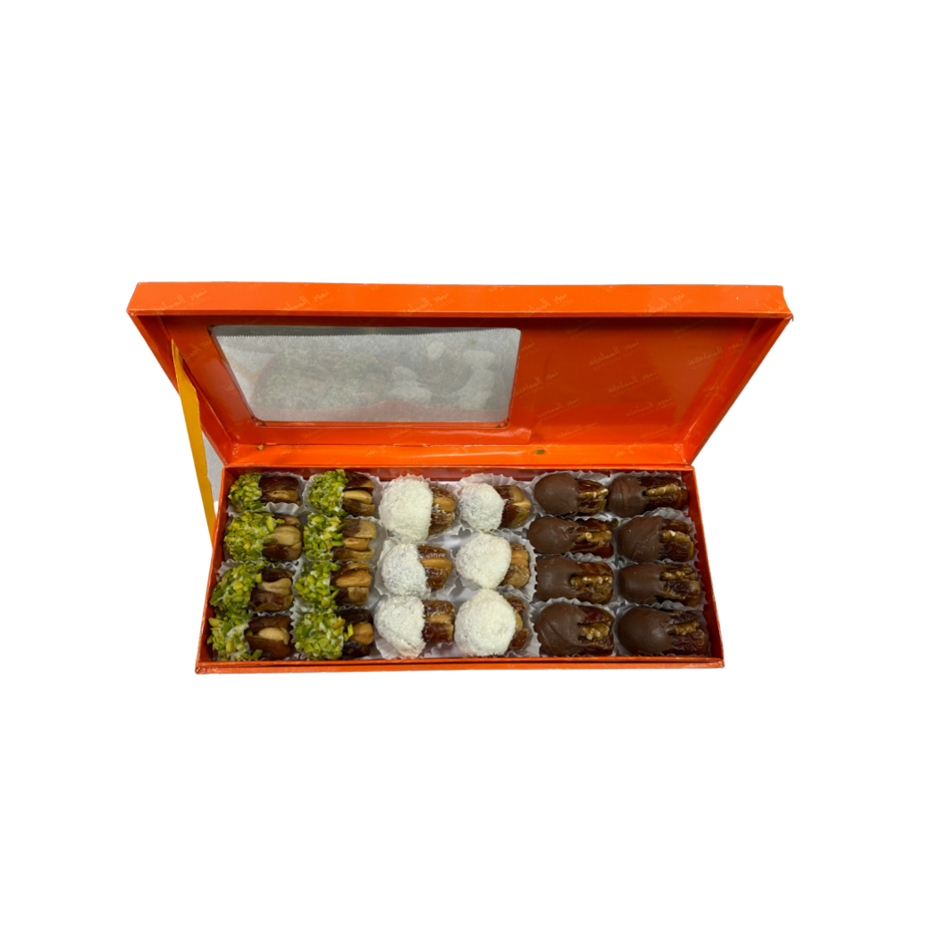 Orange Gift Box Filled With Half Coated Chocolate Dates 350 gm