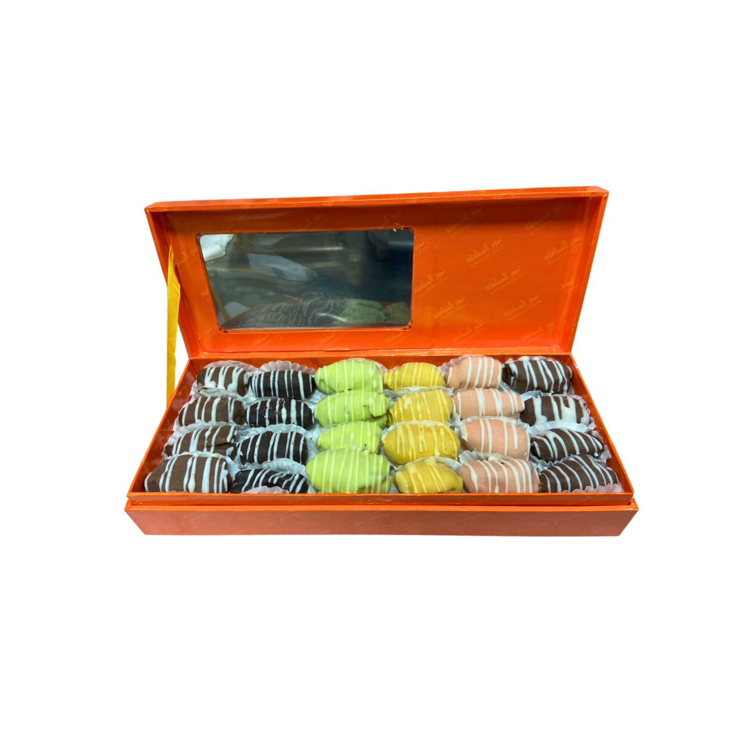 Orange Gift Box Filled With Full Coated Chocolate Dates 400 gm