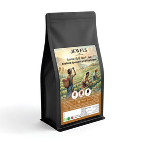 Jewels by Kingdom Dates Arabica medium roast coffee beans in a bag, showcasing the rich, aromatic coffee beans.
