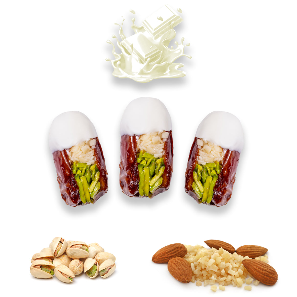 Luxury Khedri Dates Stuffed with Nuts & Half-Dipped in Vanilla Chocolate