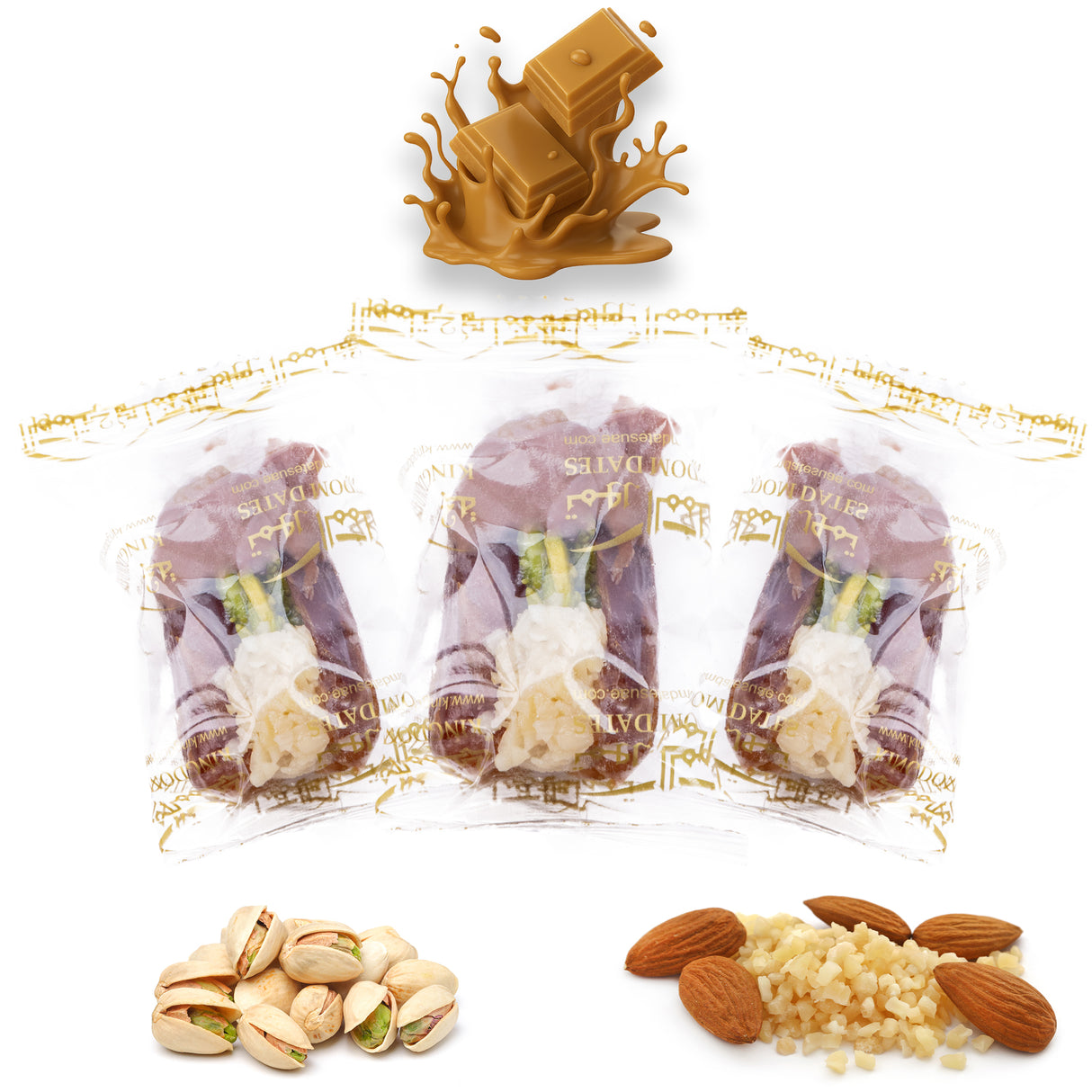 Luxury Sagi Dates Stuffed with Nuts & Half-Dipped in Caramel Chocolate (Wrapped)
