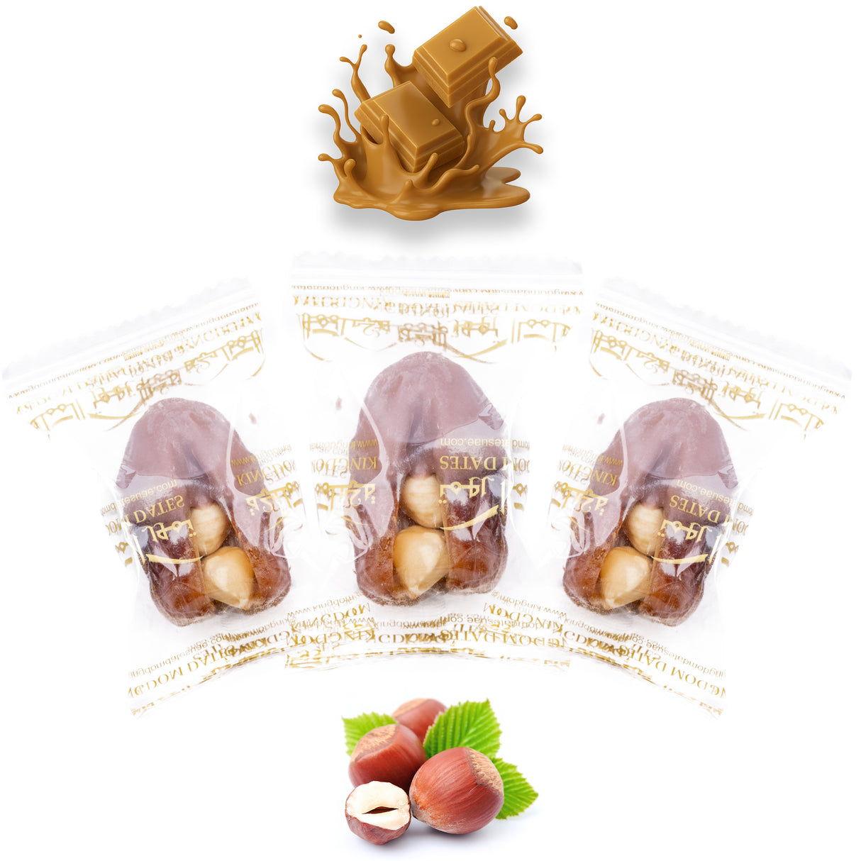 Luxury Sagi Dates Stuffed with Nuts & Half-Dipped in Caramel Chocolate (Wrapped)