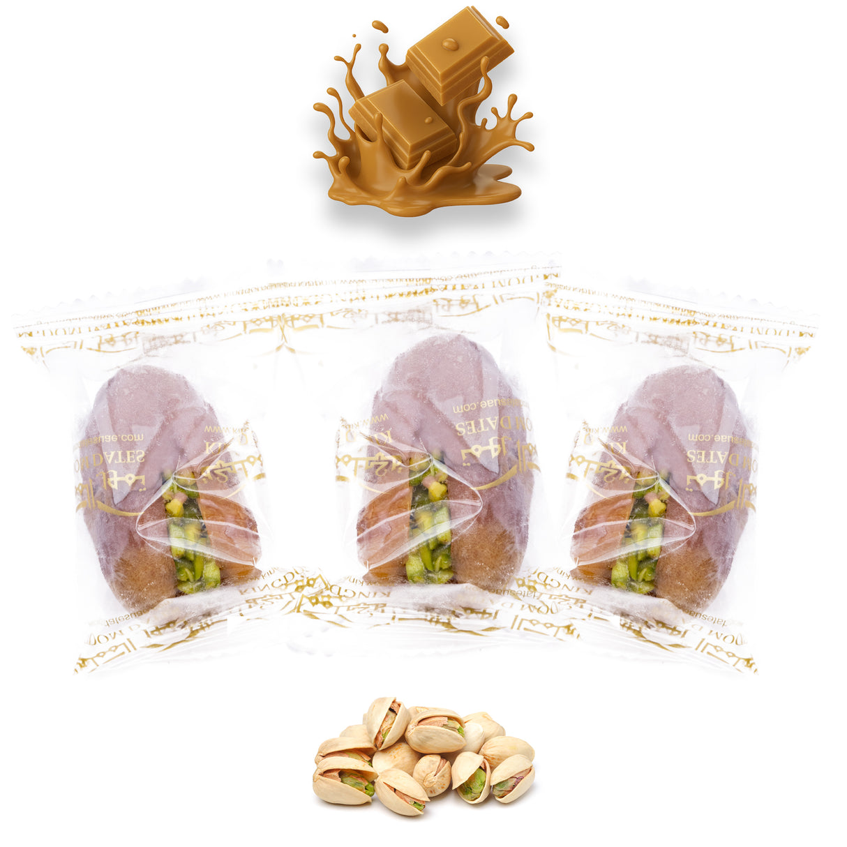 Luxury Sagi Dates Stuffed with Nuts & Half-Dipped in Caramel Chocolate (Wrapped)