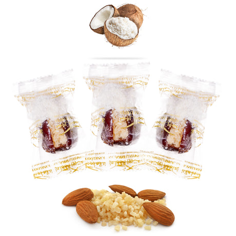 Luxury Khedri Dates Stuffed with Nuts & Half-Dipped in Coconut Chocolate (Wrapped)