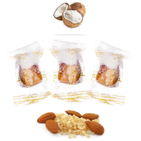 Wrapped coconut chocolate dates stuffed with almonds, nuts, and dried fruits from Kingdom Dates UAE.