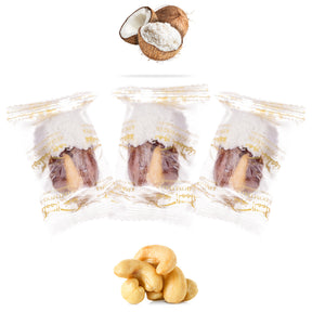 Wrapped coconut chocolate dates stuffed with cashews, dried fruits, and nuts by Kingdom Dates UAE.