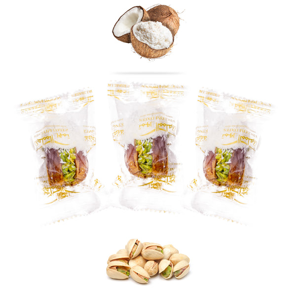 Wrapped coconut chocolate dates stuffed with pistachios and dried fruits, presented by Kingdom Dates UAE.