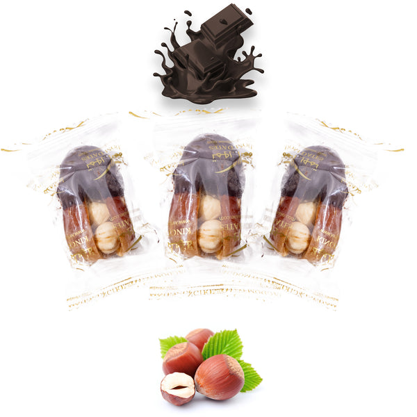 Wrapped dark chocolate dates filled with pistachios, hazelnuts, and dried fruits from Kingdom Dates UAE.