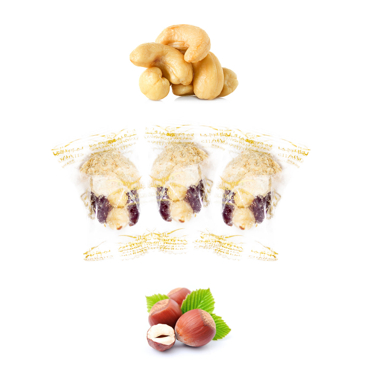 Luxury Khedri Dates Stuffed with Nuts & Half-Dipped in Cashew Chocolate (Wrapped)