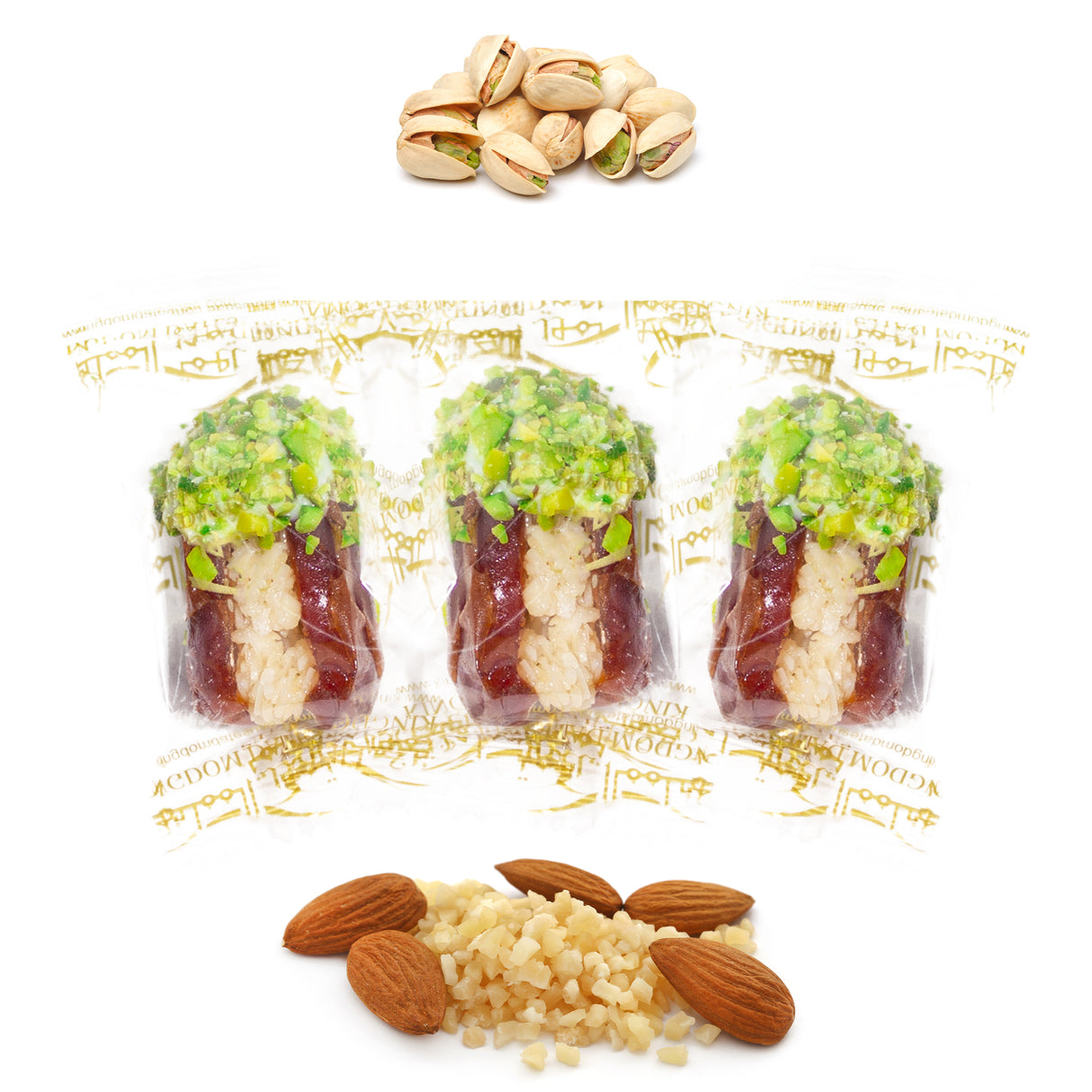 Luxury Khedri Dates Stuffed with Nuts & Half-Dipped in Pistachio Chocolate (Wrapped)