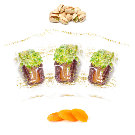 Luxury Khedri Dates Stuffed with Nuts & Half-Dipped in Pistachio Chocolate (Wrapped)