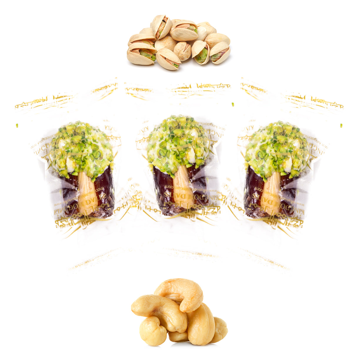 Luxury Khedri Dates Stuffed with Nuts & Half-Dipped in Pistachio Chocolate (Wrapped)