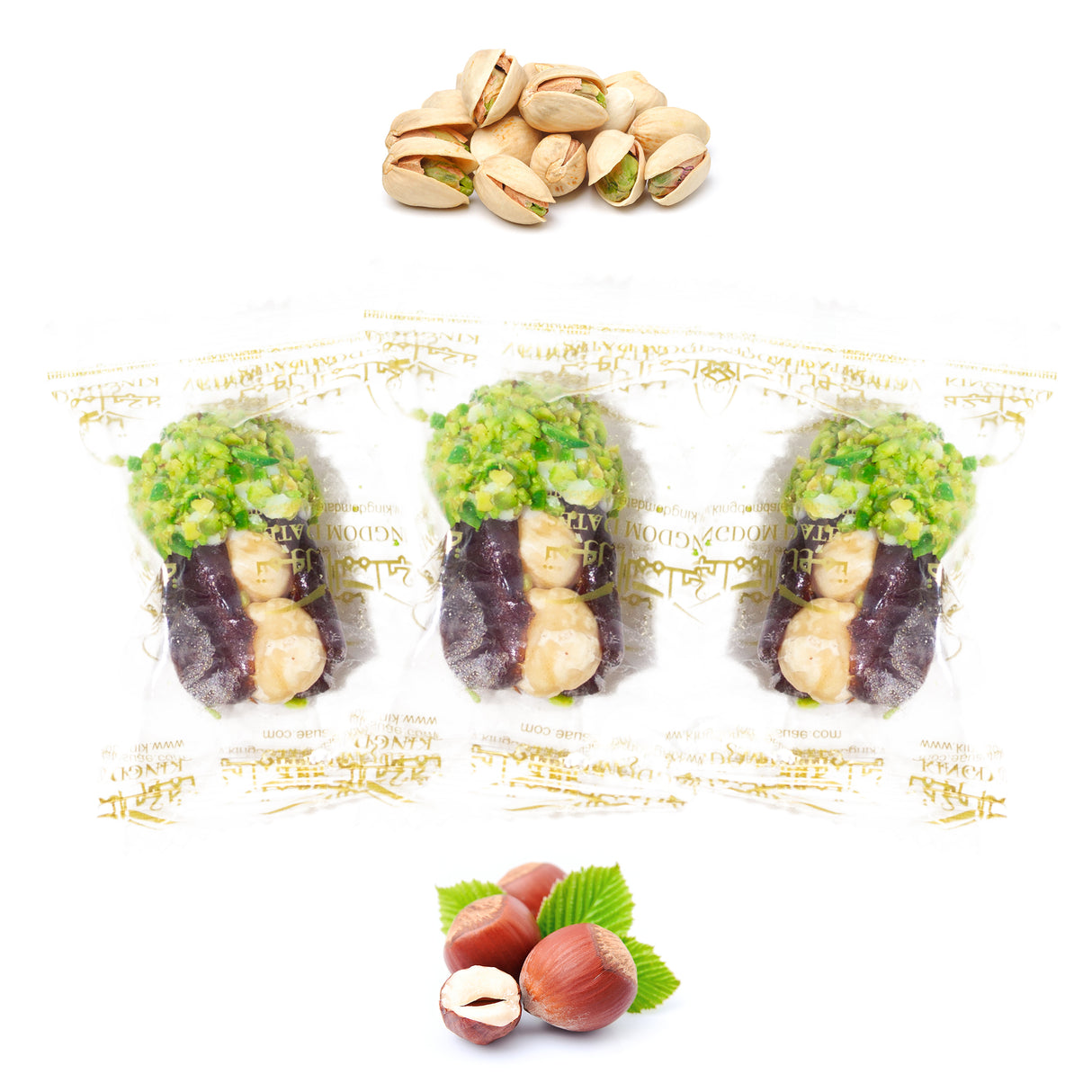 Luxury Khedri Dates Stuffed with Nuts & Half-Dipped in Pistachio Chocolate (Wrapped)