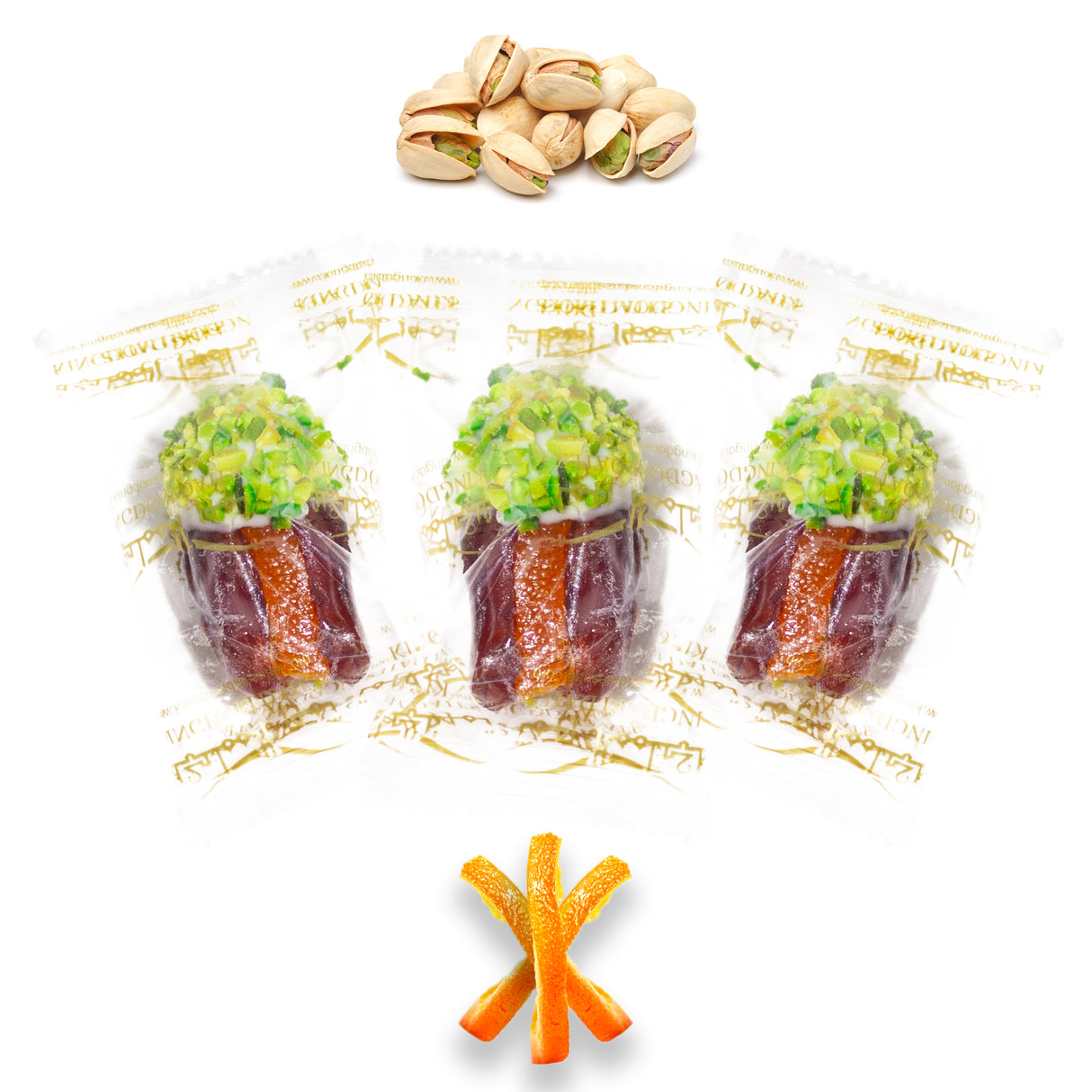 Luxury Khedri Dates Stuffed with Nuts & Half-Dipped in Pistachio Chocolate (Wrapped)