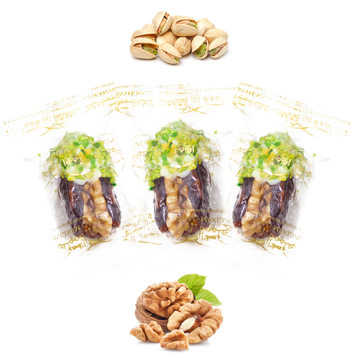 Luxury Khedri Dates Stuffed with Nuts & Half-Dipped in Pistachio Chocolate (Wrapped)