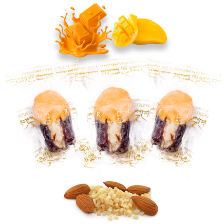 Luxury Khedri Dates Stuffed with Nuts & Half-Dipped in Mango Chocolate (Wrapped)