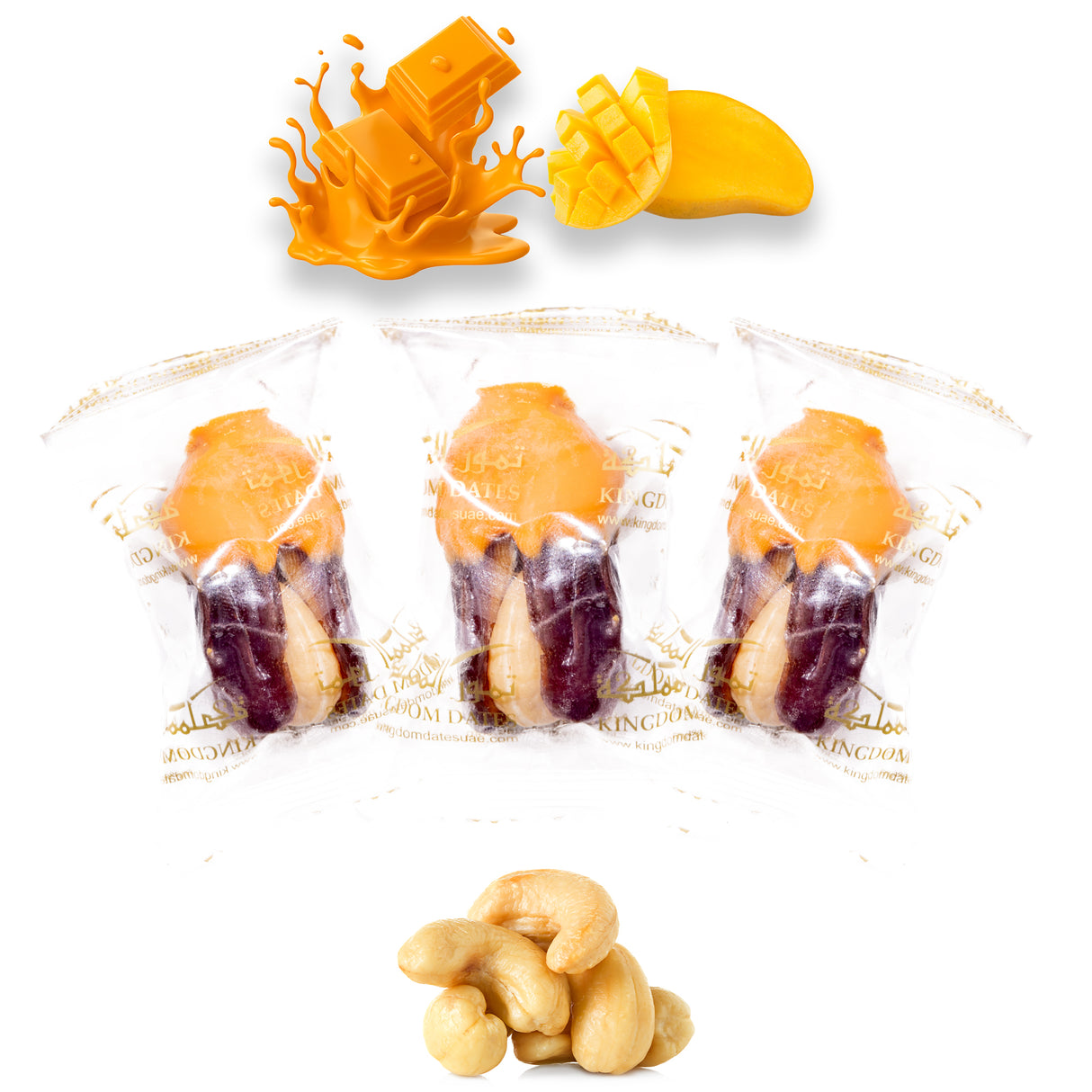 Luxury Khedri Dates Stuffed with Nuts & Half-Dipped in Mango Chocolate (Wrapped)
