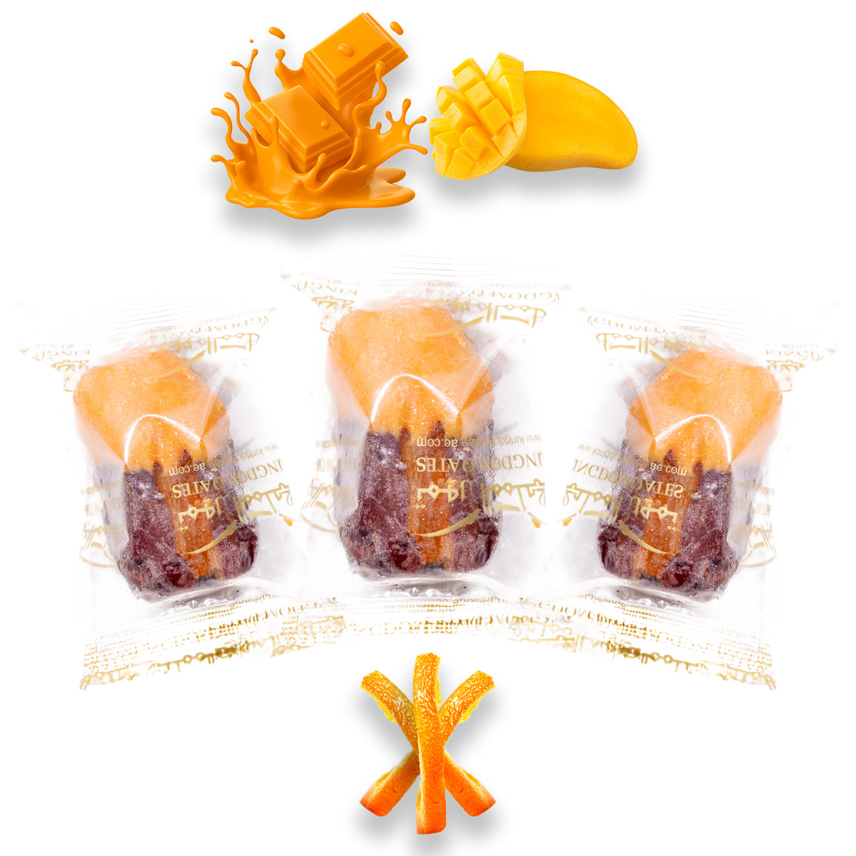 Luxury Khedri Dates Stuffed with Nuts & Half-Dipped in Mango Chocolate (Wrapped)