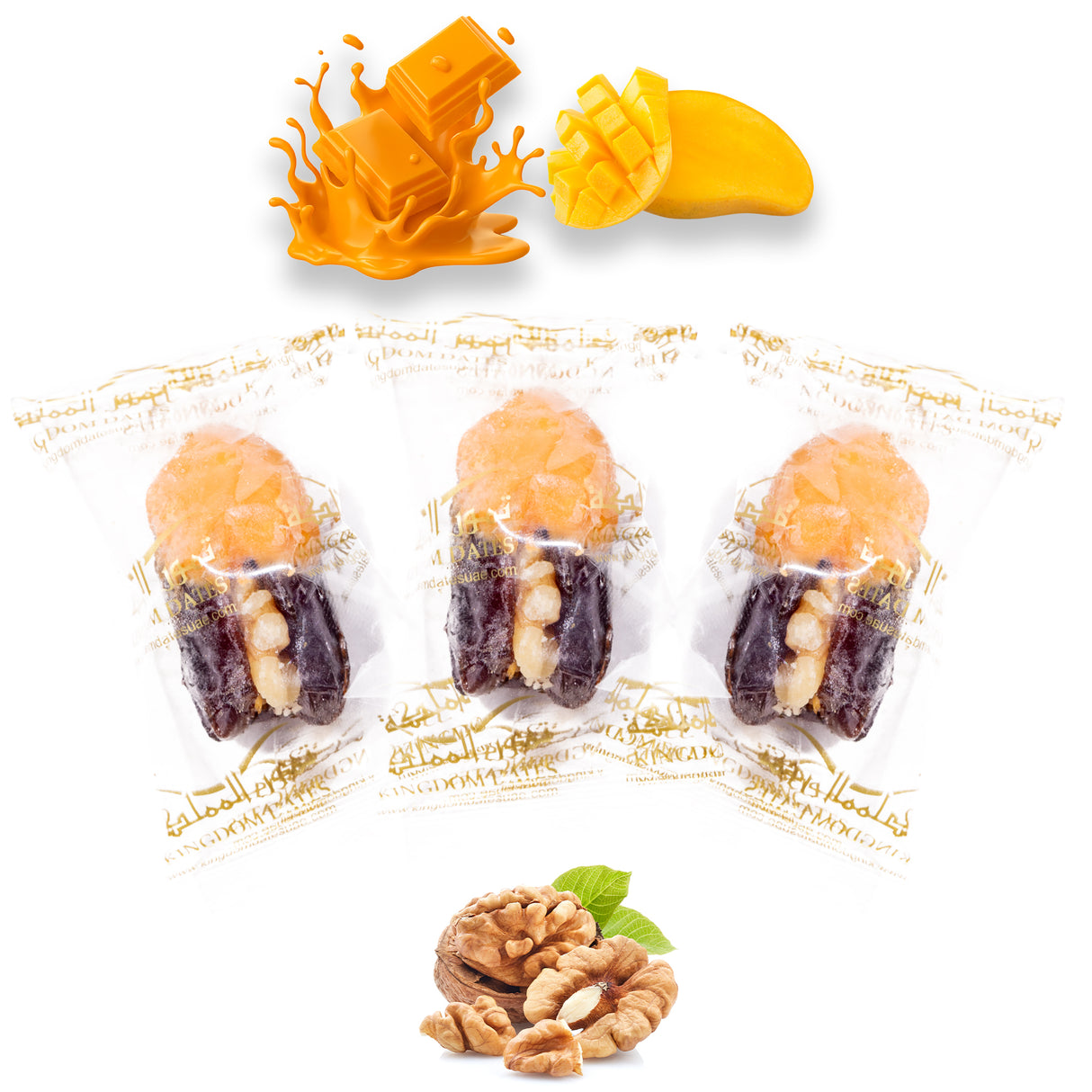 Luxury Khedri Dates Stuffed with Nuts & Half-Dipped in Mango Chocolate (Wrapped)
