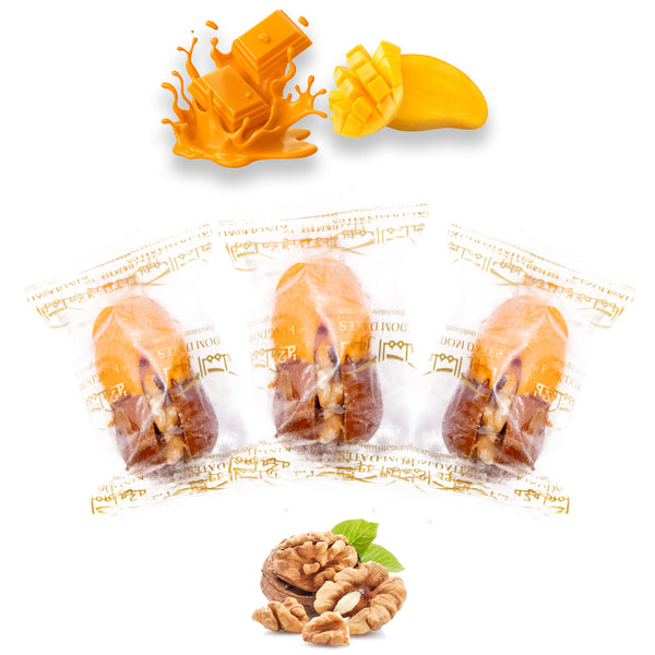 Wrapped mango chocolate dates stuffed with nuts and dried fruits, showcasing a sweet treat from Kingdom Dates UAE.