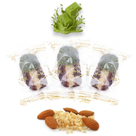 Luxury Khedri Dates Stuffed with Nuts & Half-Dipped in Matcha Chocolate (Wrapped)
