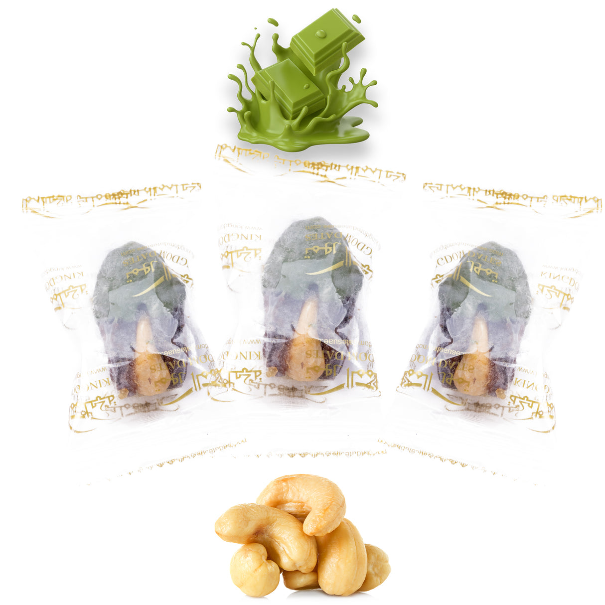 Luxury Khedri Dates Stuffed with Nuts & Half-Dipped in Matcha Chocolate (Wrapped)