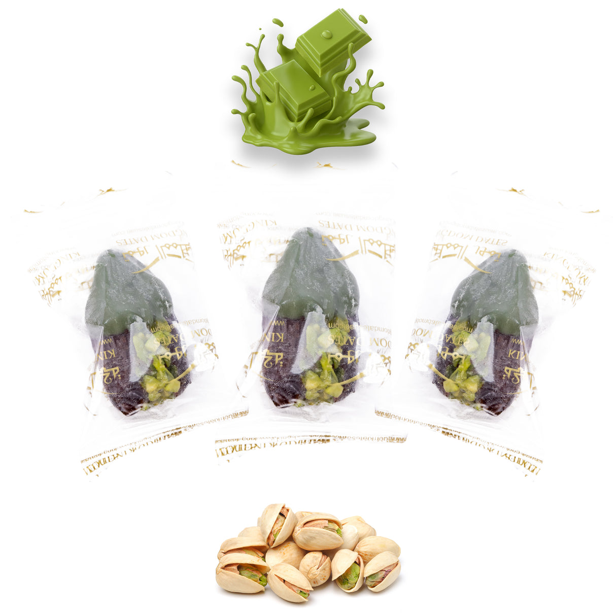Luxury Khedri Dates Stuffed with Nuts & Half-Dipped in Matcha Chocolate (Wrapped)