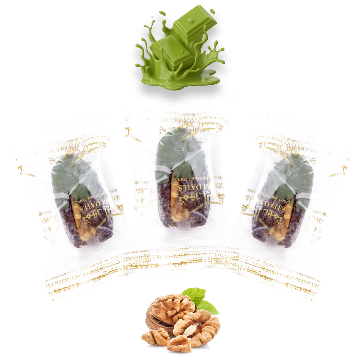 Luxury Khedri Dates Stuffed with Nuts & Half-Dipped in Matcha Chocolate (Wrapped)