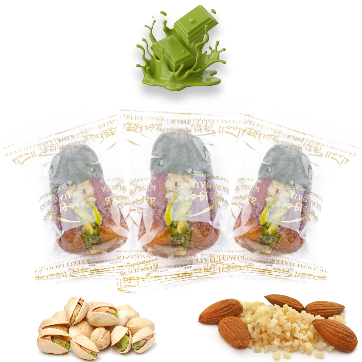 Luxury Sagi Dates Stuffed with Nuts & Half-Dipped in Matcha Chocolate (Wrapped)