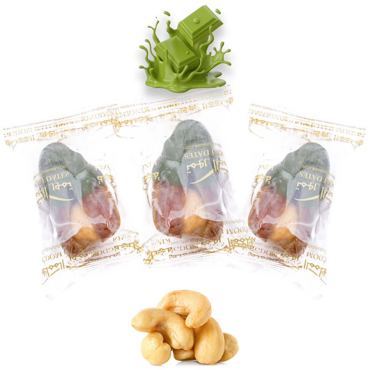 Luxury Sagi Dates Stuffed with Nuts & Half-Dipped in Matcha Chocolate (Wrapped)
