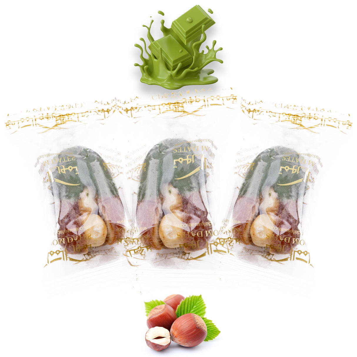 Luxury Sagi Dates Stuffed with Nuts & Half-Dipped in Matcha Chocolate (Wrapped)
