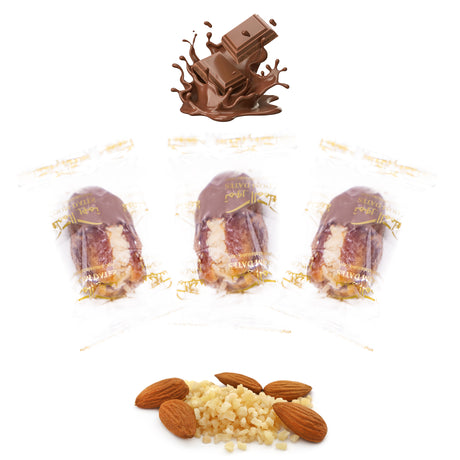 Wrapped milk chocolate dates stuffed with almonds, nuts, and dried fruits by Kingdom Dates UAE, individually wrapped for freshness.