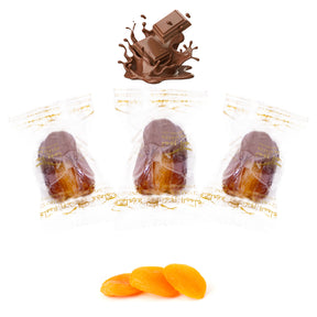 Wrapped milk chocolate dates stuffed with nuts and dried apricots, showcasing a sweet and indulgent treat from Kingdom Dates UAE.