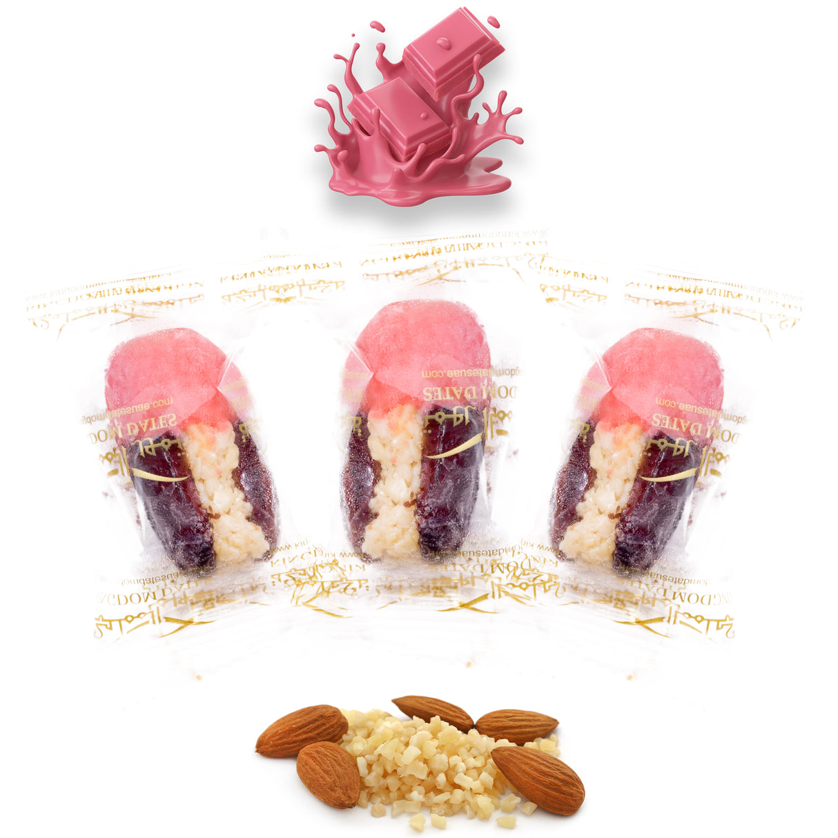 Luxury Khedri Dates Stuffed with Nuts & Half-Dipped in Ruby Chocolate (Wrapped)