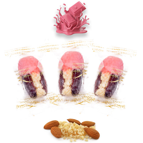 Luxury Khedri Dates Stuffed with Nuts & Half-Dipped in Ruby Chocolate (Wrapped)