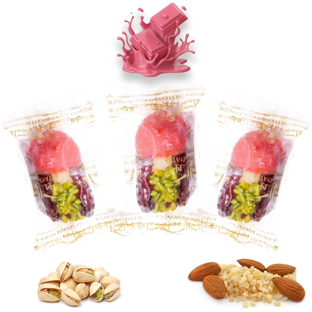 Luxury Khedri Dates Stuffed with Nuts & Half-Dipped in Ruby Chocolate (Wrapped)