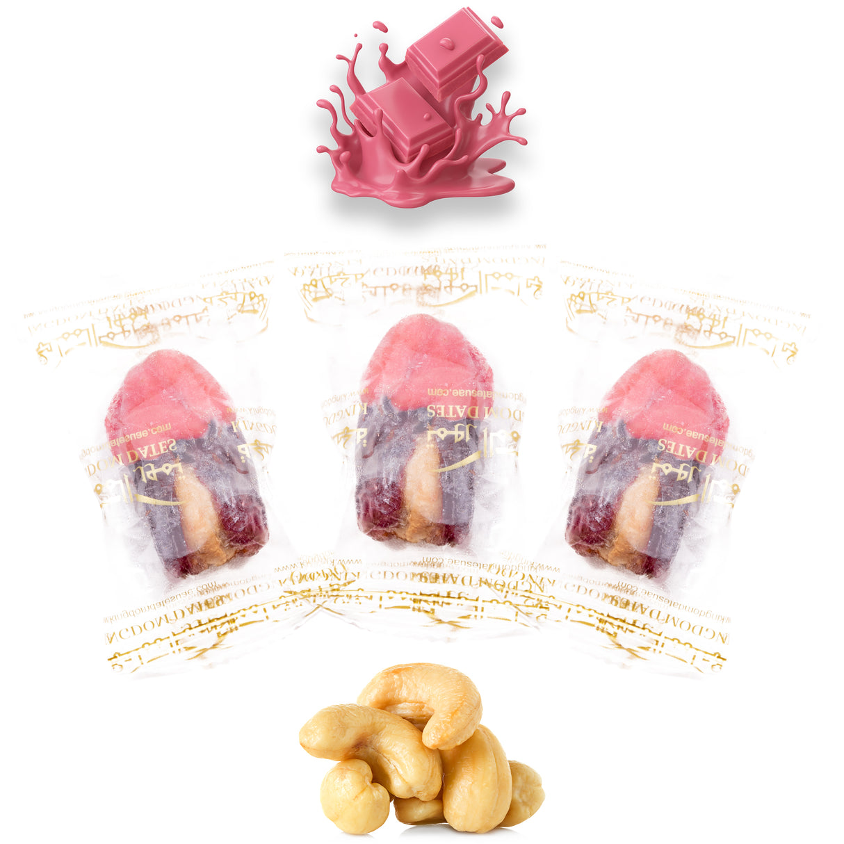 Luxury Khedri Dates Stuffed with Nuts & Half-Dipped in Ruby Chocolate (Wrapped)