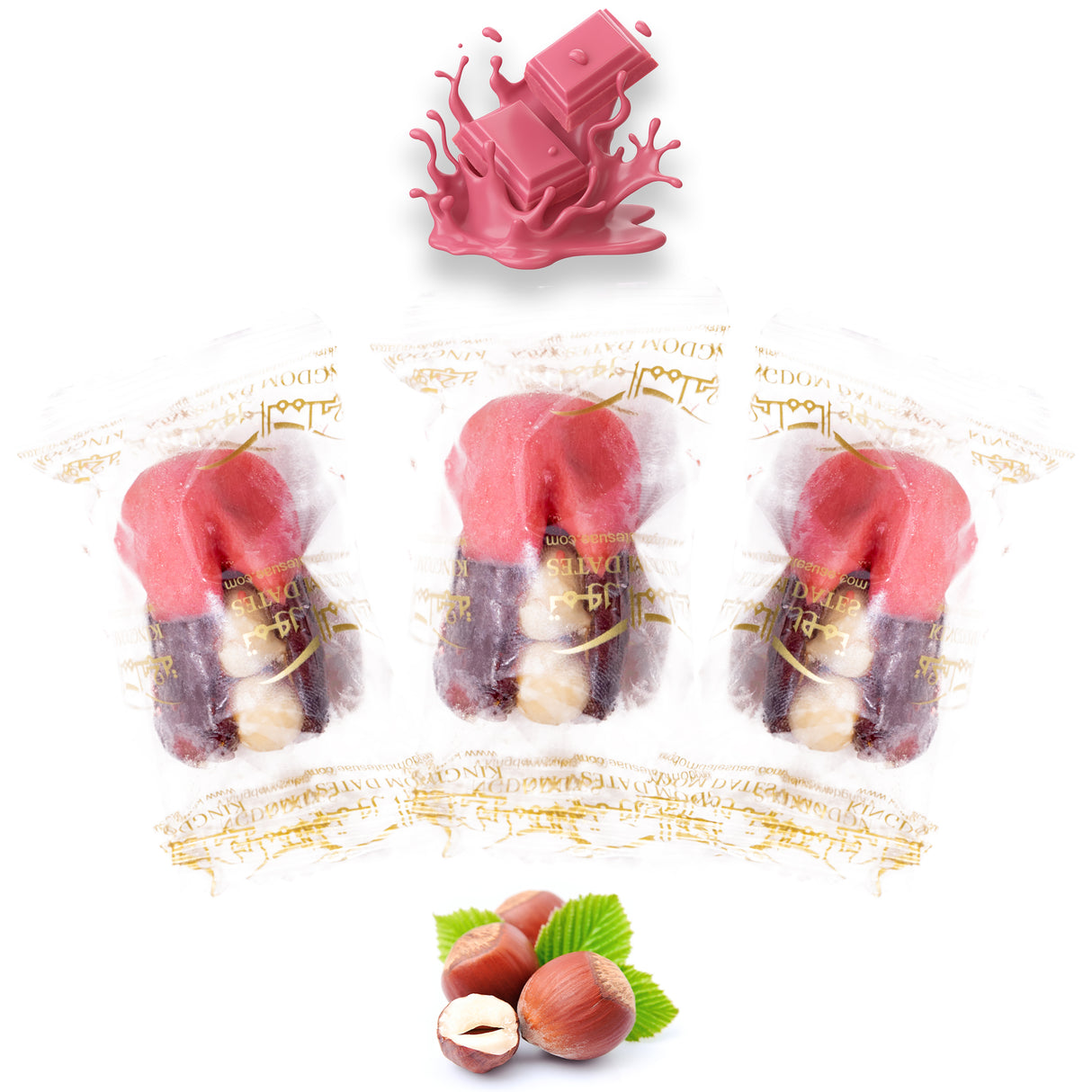 Luxury Khedri Dates Stuffed with Nuts & Half-Dipped in Ruby Chocolate (Wrapped)