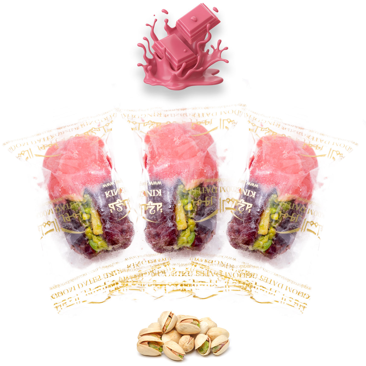 Luxury Khedri Dates Stuffed with Nuts & Half-Dipped in Ruby Chocolate (Wrapped)