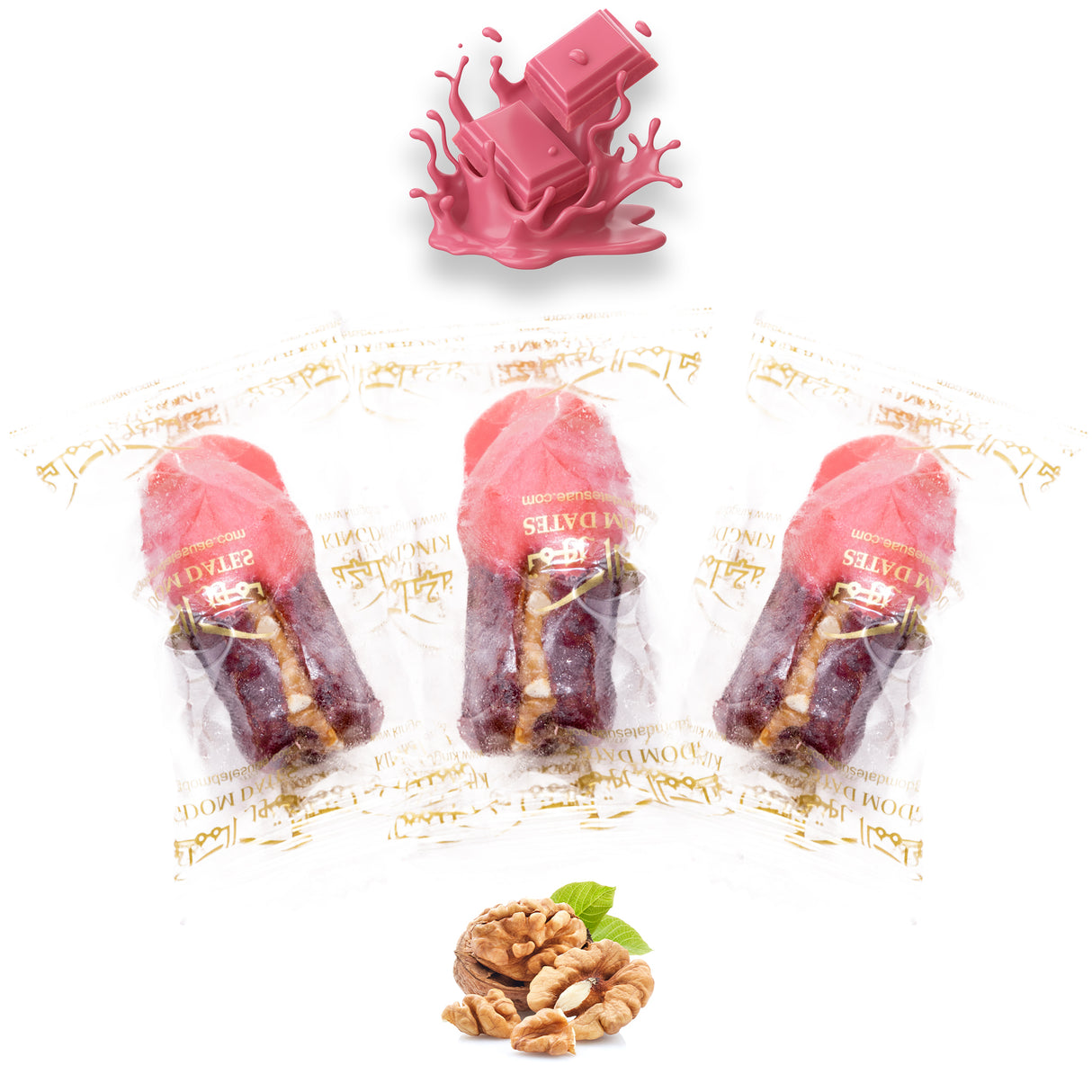 Luxury Khedri Dates Stuffed with Nuts & Half-Dipped in Ruby Chocolate (Wrapped)