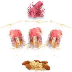 Wrapped ruby chocolate dates stuffed with almonds, dried fruits, and nuts by Kingdom Dates UAE.