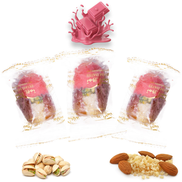 Wrapped ruby chocolate dates from Kingdom Dates UAE filled with almonds, pistachios, and dried fruits.