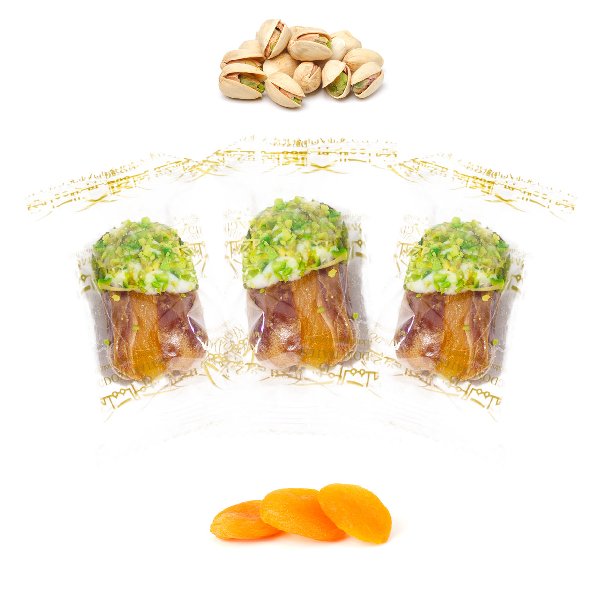 Luxury Sagi Dates Stuffed with Nuts & Half-Dipped in Pistachio Chocolate (Wrapped)